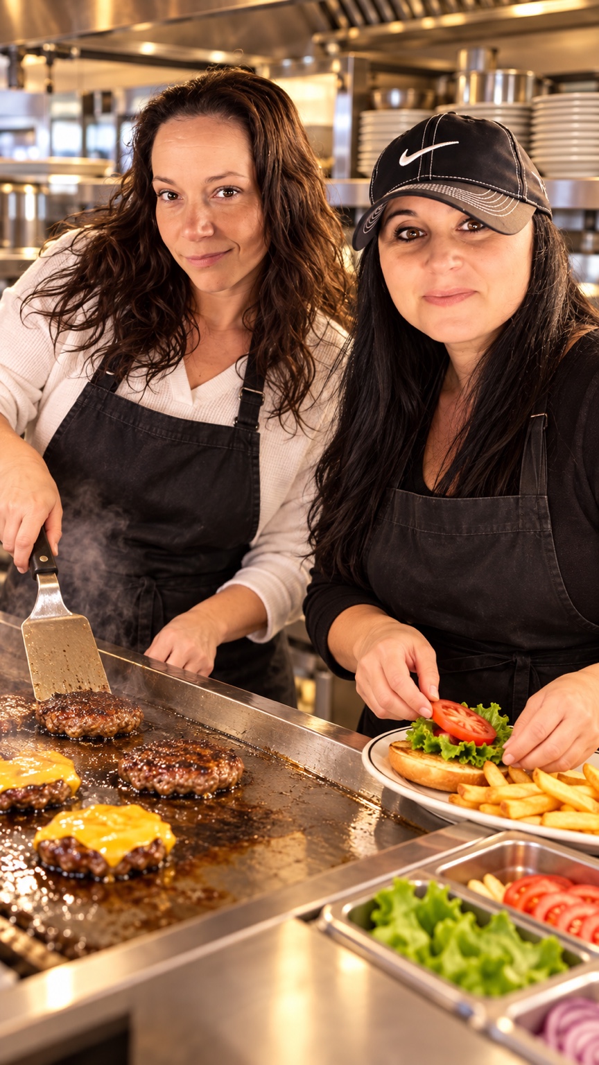 Two women preparing burgers together in a diner kitchen