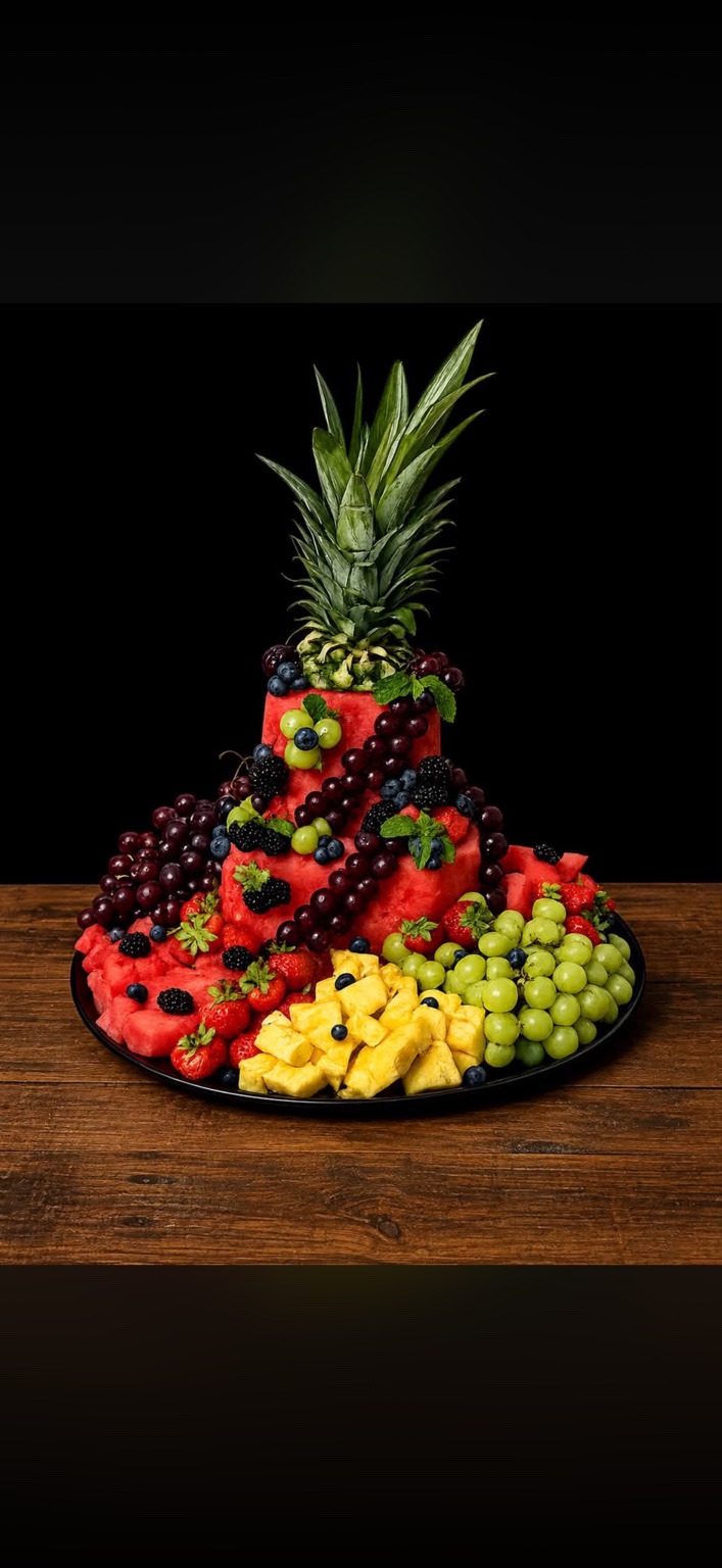 Tiered watermelon centerpiece with pineapple crown, grapes, berries and fresh pineapple