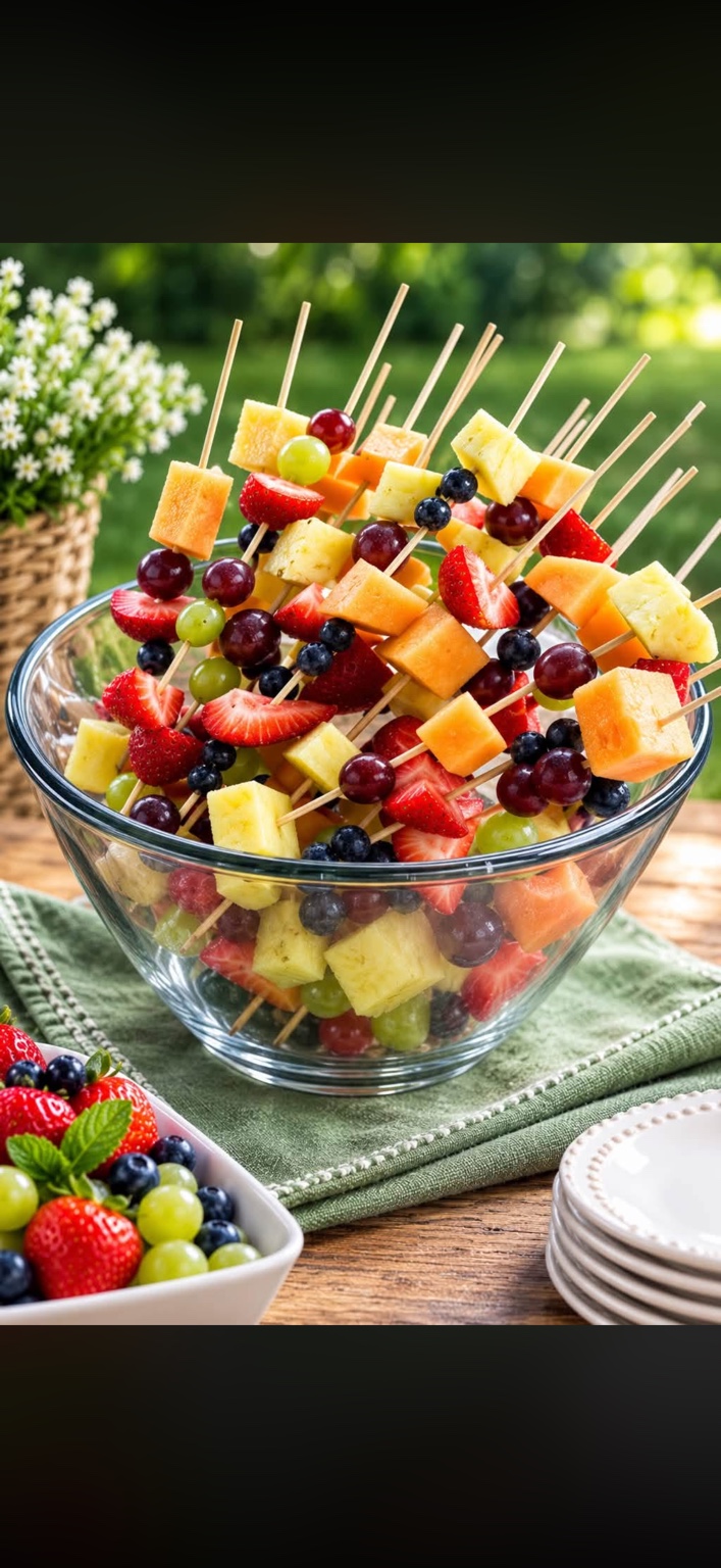 Fruit skewers with melon, pineapple, berries and grapes